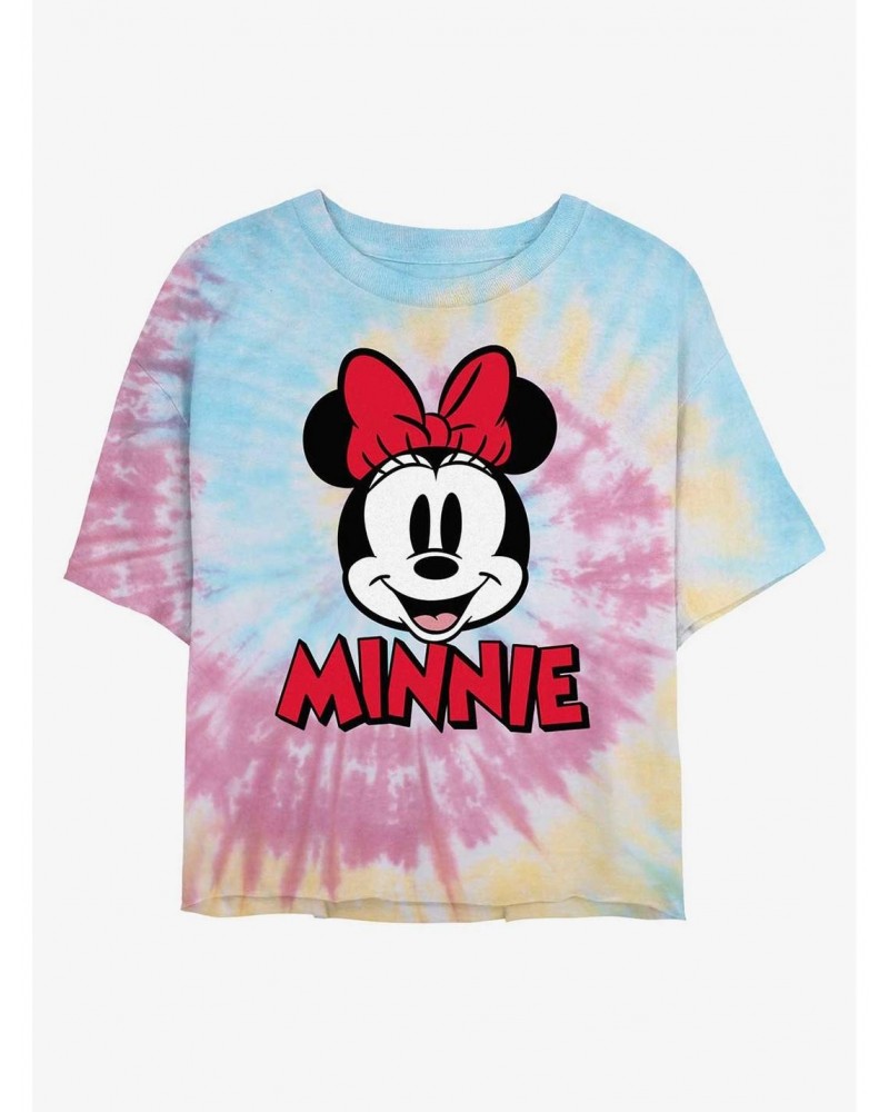 Disney Minnie Mouse Big Face Minnie Tie Dye Crop Girls T-Shirt $11.30 T-Shirts